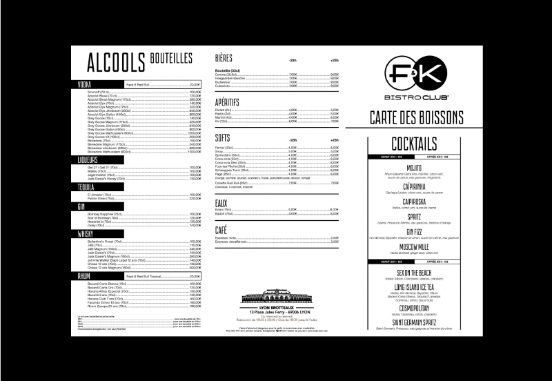 La Carte & Cocktails du F&K Lyon 6 Brotteaux